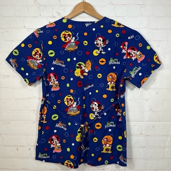Disney Halloween Mickey Mouse Minnie Scrub Top Women’s Small Blue V Neck - Picture 11 of 11